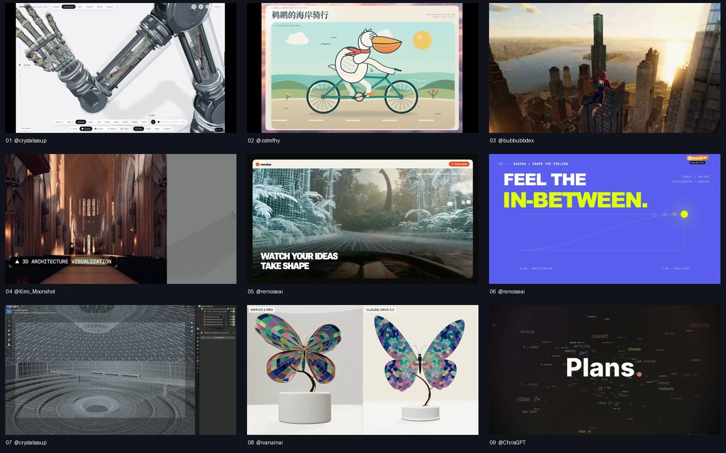 Kimi K3.1 Pro video collection — frame wall